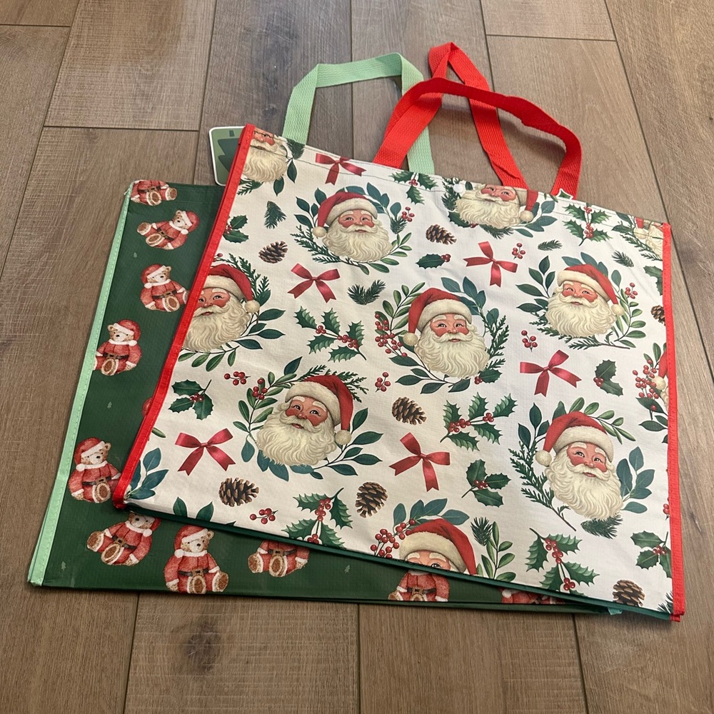 Homegoods TJMaxx Marshalls Christmas Teddy Bear & Santa Print Bags Set of 2 NWT